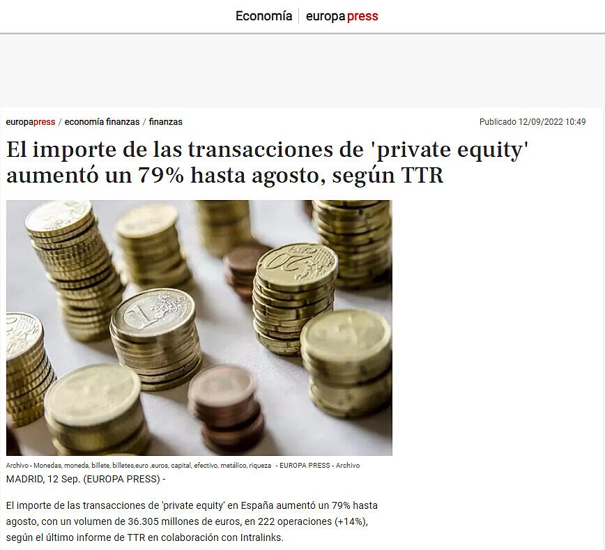 El importe de las transacciones de 'private equity' aument un 79% hasta agosto, segn TTR